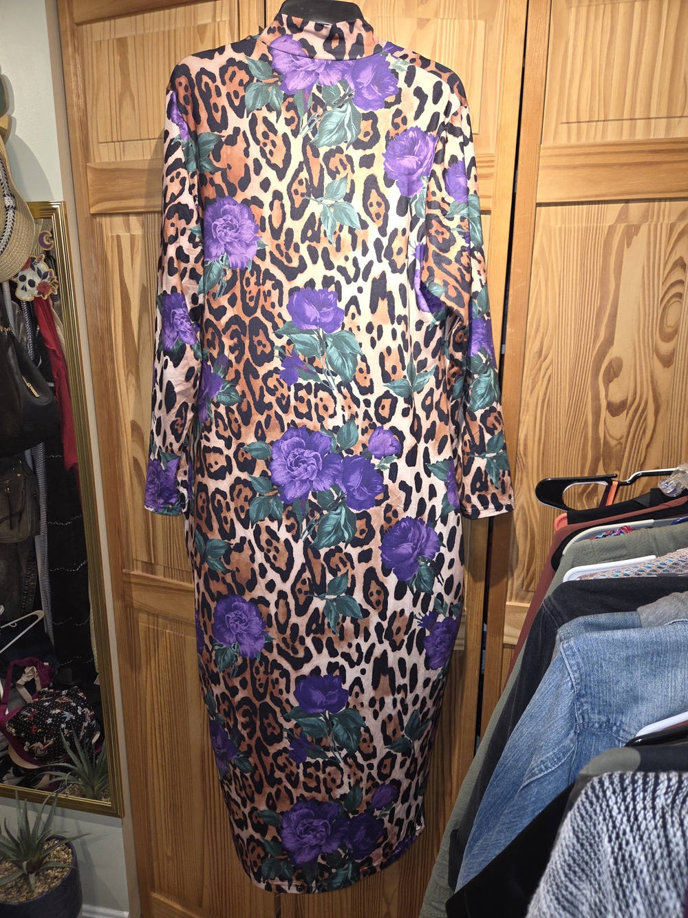 Purple Floral Leopard Print Midi Bodycon Dress